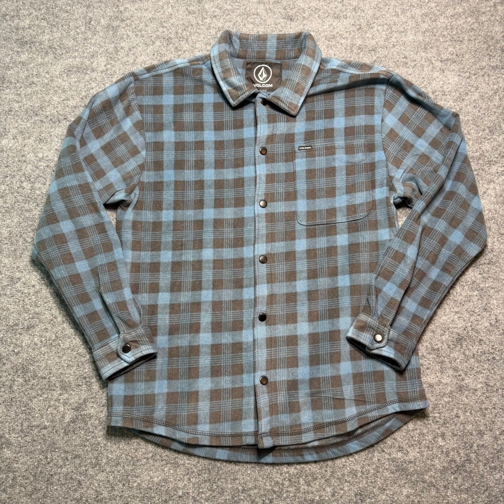 Volcom Snap Front Shirt Size M Blue Brown Plaid Fleece Long Sleeve Pocket